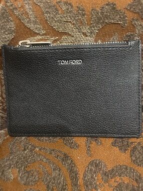 Tom Ford Black Leather Zip Card Pouch with Silver Hardware